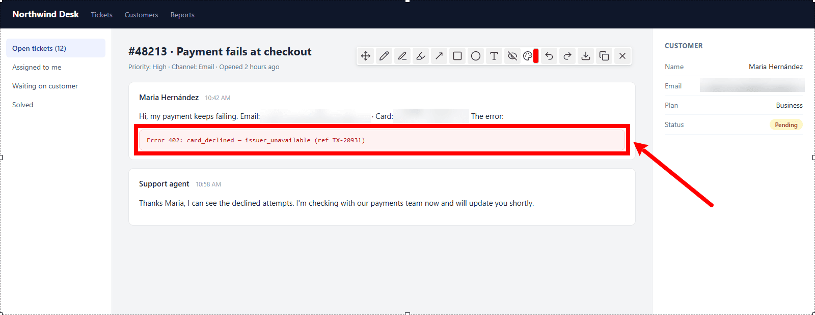 Screshot editor with a support ticket screenshot: the customer's email and card number are blurred, and an arrow points to the error message