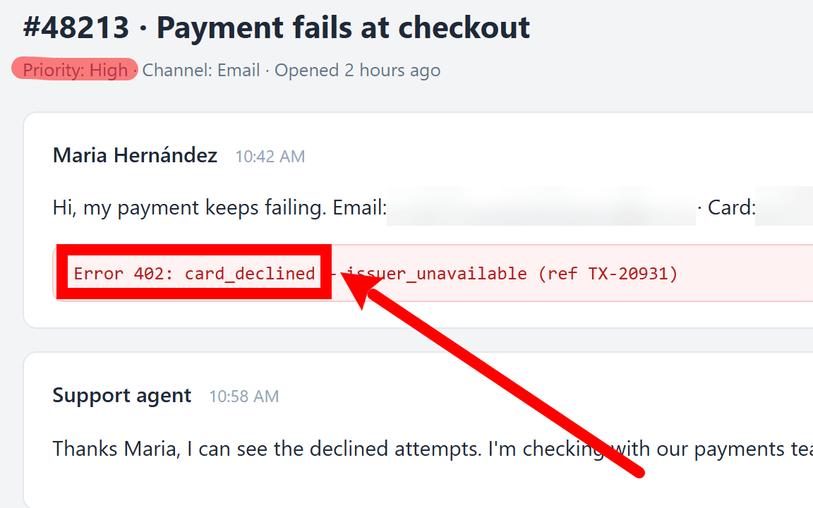 An error message boxed in red with an arrow pointing at it, and the priority highlighted