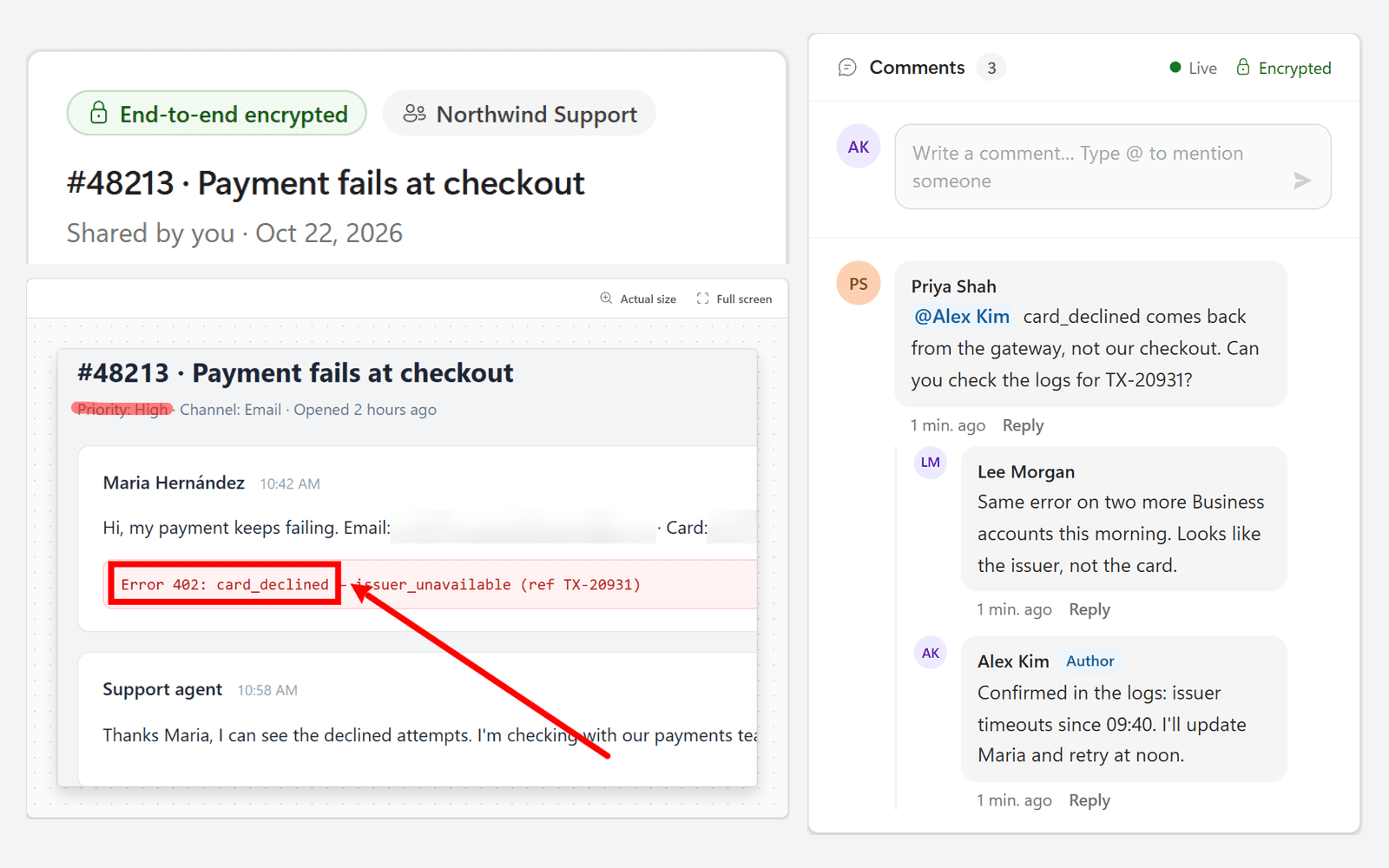A shared screenshot beside its comment thread, with an @mention, replies and an Encrypted label
