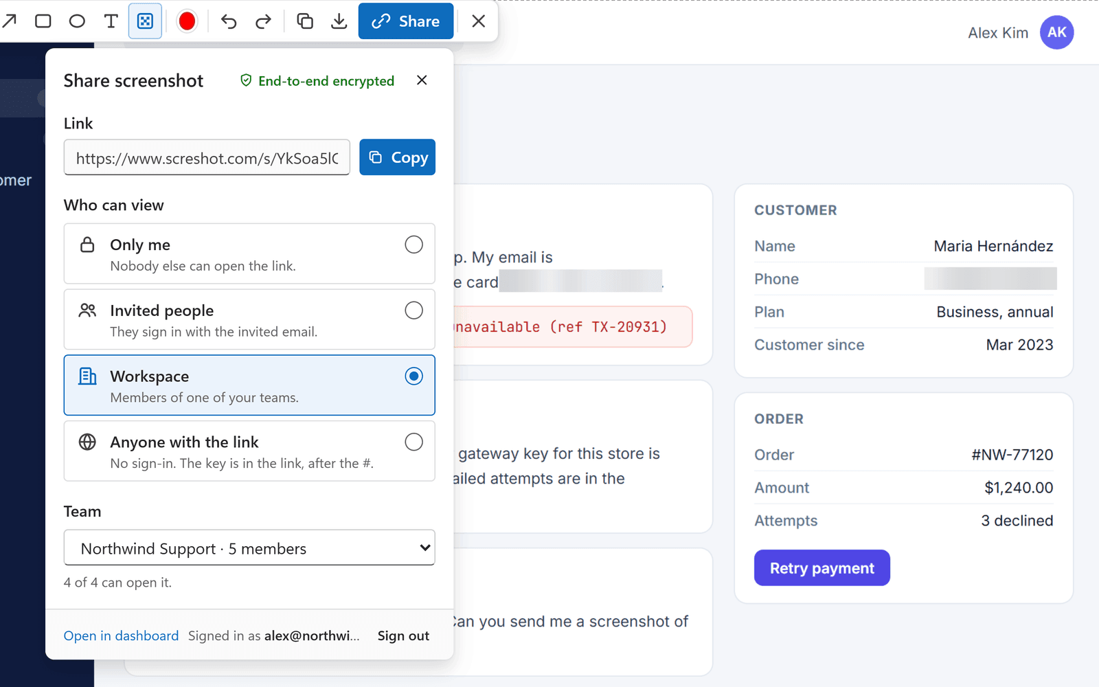 The Share panel over a blurred support ticket: end-to-end encrypted, shared with the Northwind Support workspace