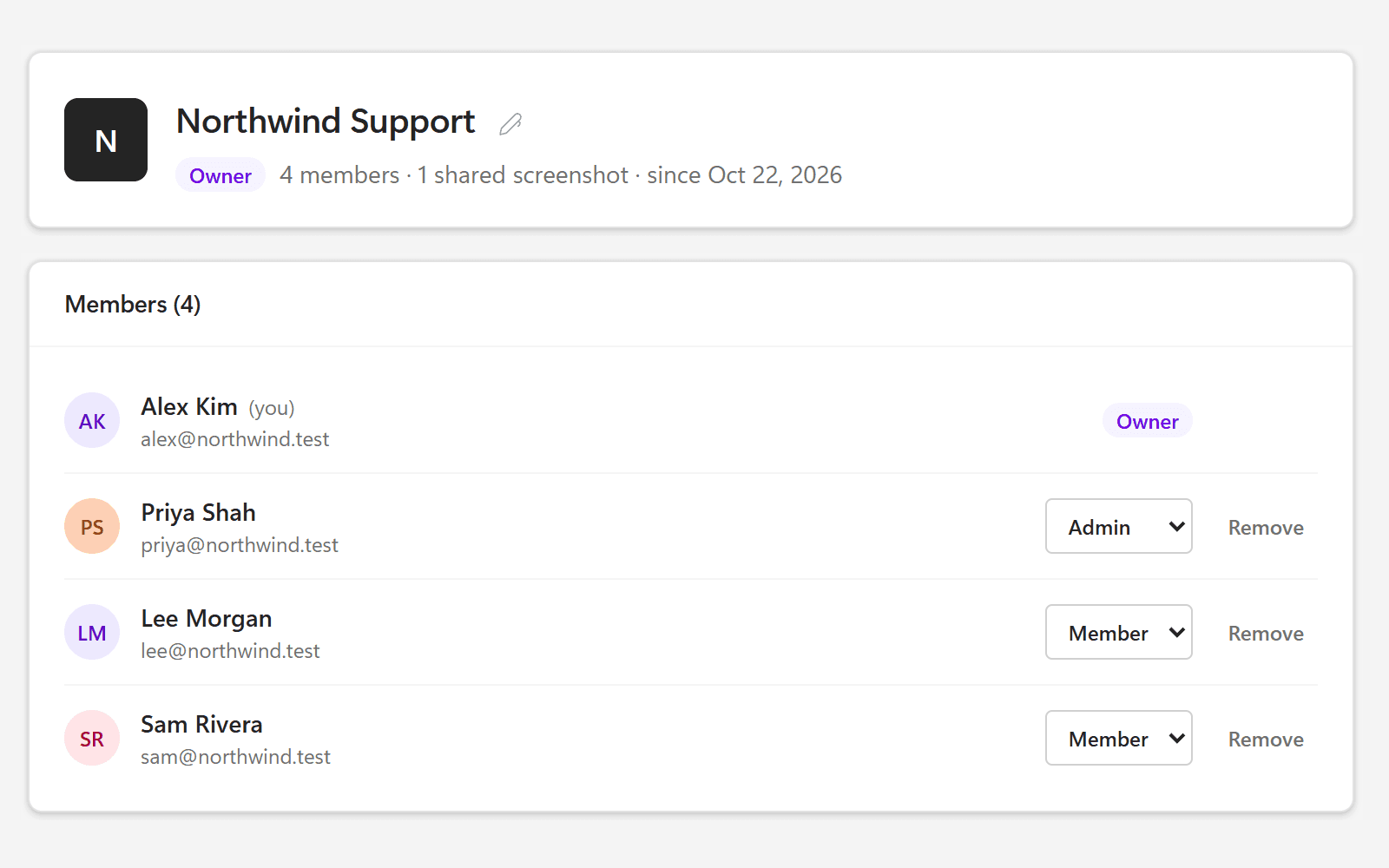 The Northwind Support workspace with four members: an owner, an admin and two members
