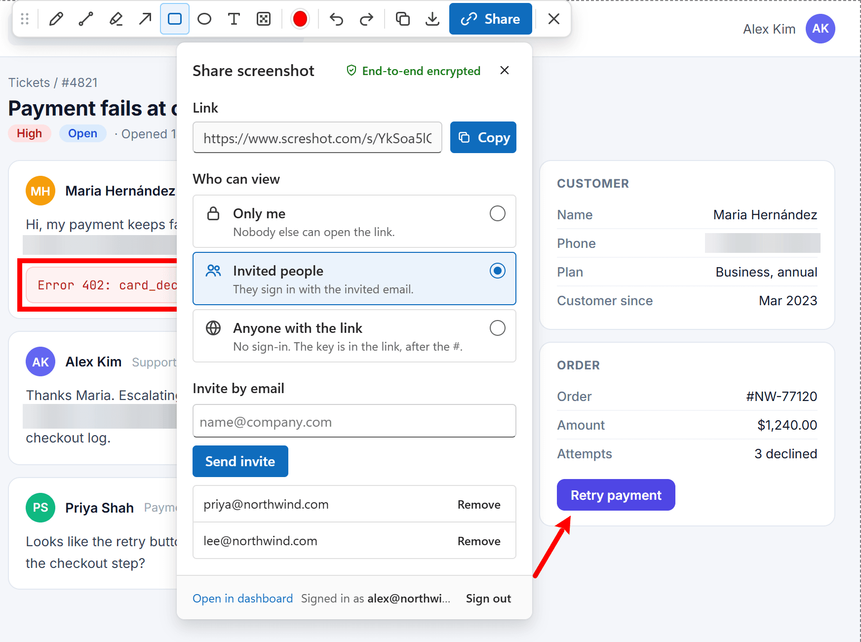The Screshot editor on a support ticket with the customer's email, card number and API key blurred. The Share panel is open, marked End-to-end encrypted, with the link shared with two invited people.