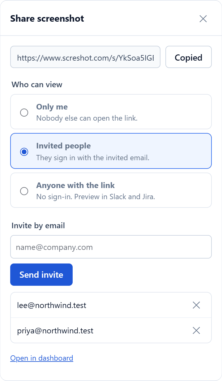 Preview of the upcoming Share panel: a link, a choice of who can view, and two invited email addresses